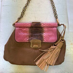 PRADA Tan Pitone-Trimmed Tessuto Frame Bag